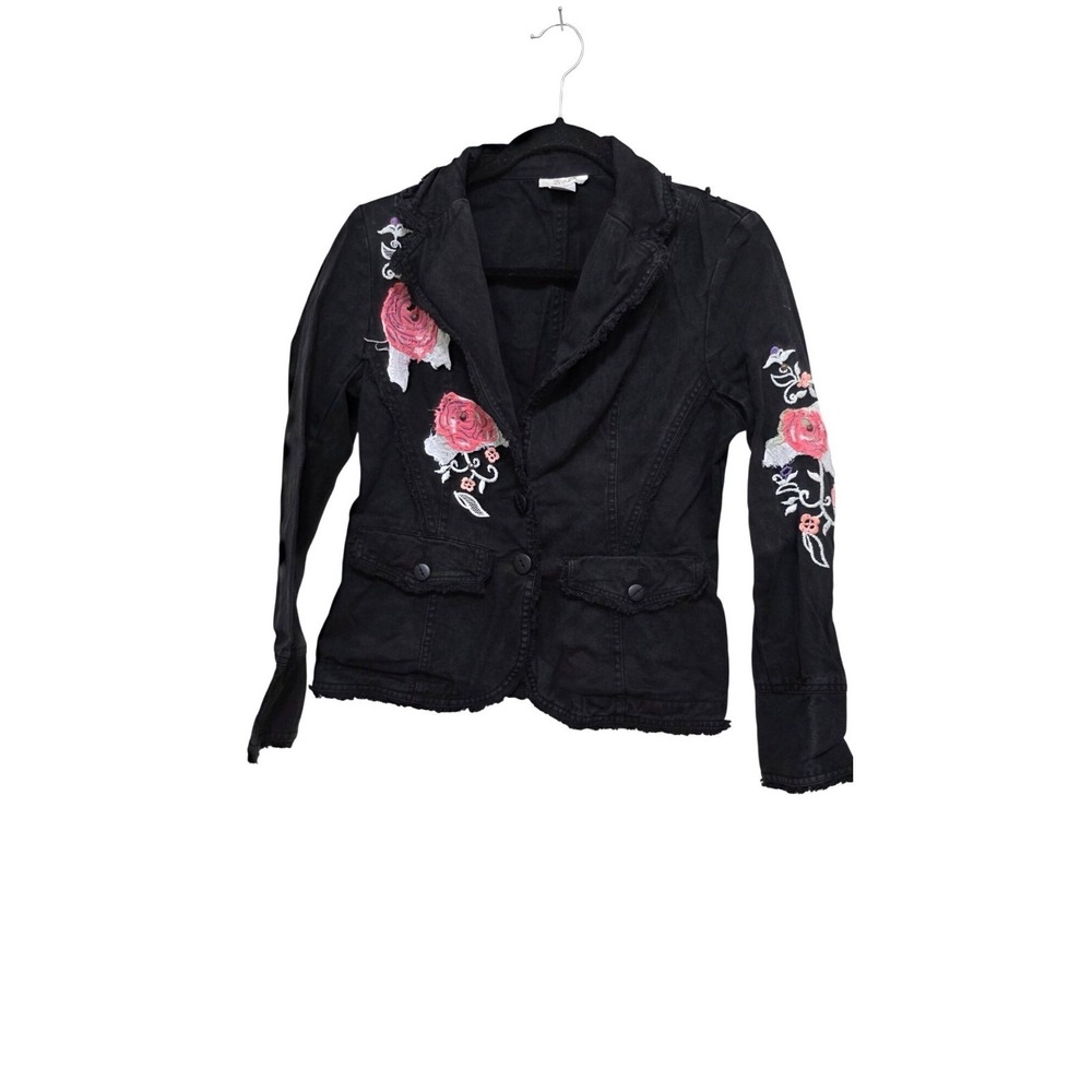 DV & DN Black Denim Jacket Embroidered Pink Rose Bohemian‎ Women's M